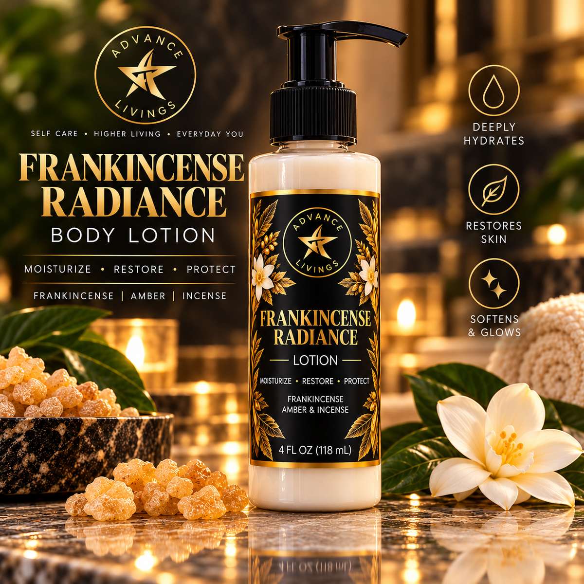 Advance Livings Body Treatments collection featuring Frankincense Radiance Lotion