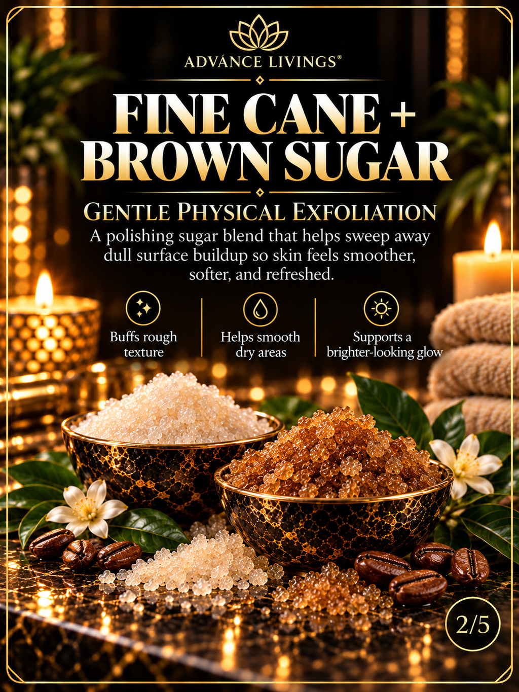 Fine cane sugar and brown sugar benefits in Coffee Bliss Body Scrub